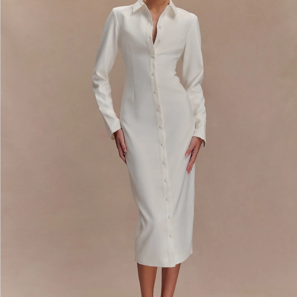 MESHKI - Dorian Fitted Shirt Midi Dress - White - Picture 4 of 7